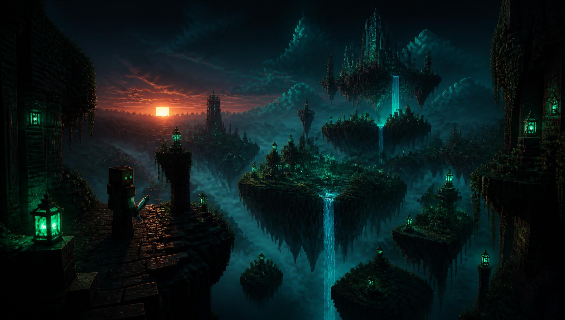 Voxel islands and glowing lanterns at dusk on The Hidden SMP